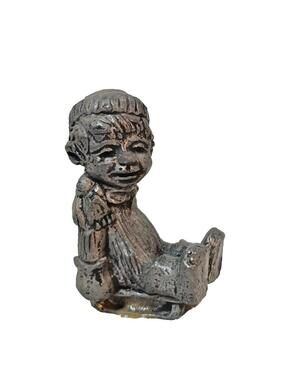 Vtg Little Boy Figurine Pewter Collectible On A Sled Winter Hat And Coat